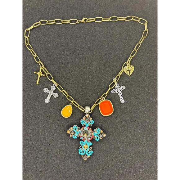 Boho turquoise cross/charm necklace on paperclip chain, repurposed charms! - Picture 3 of 4